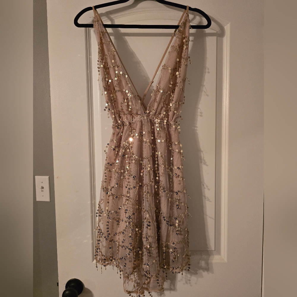 REAQKA Champagne Spaghetti Strap Sequined Romper (BNWT)